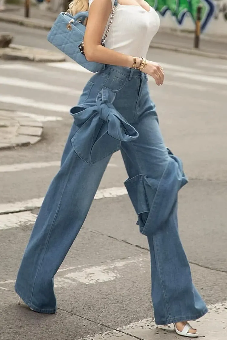 Asymmetric Draped Bowknot High Waist Straight Leg Full Length Jeans