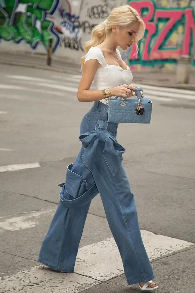 Asymmetric Draped Bowknot High Waist Straight Leg Full Length Jeans