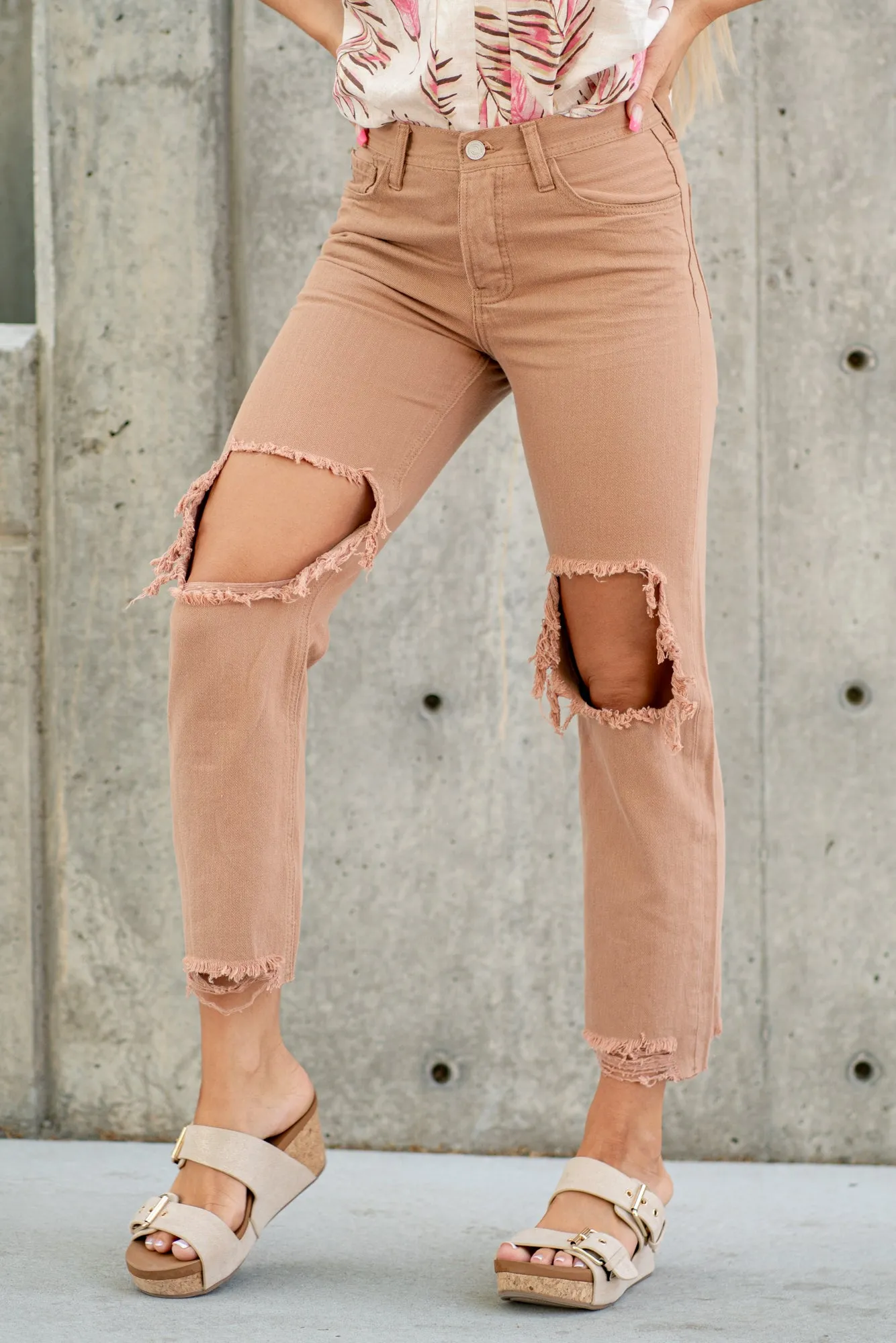 Beige High Rise Distressed Straight Leg