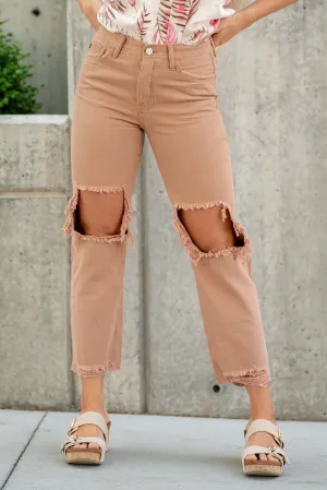 Beige High Rise Distressed Straight Leg