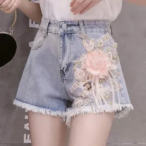 Blossom Flowers Embroidery High Waist Denim Shorts