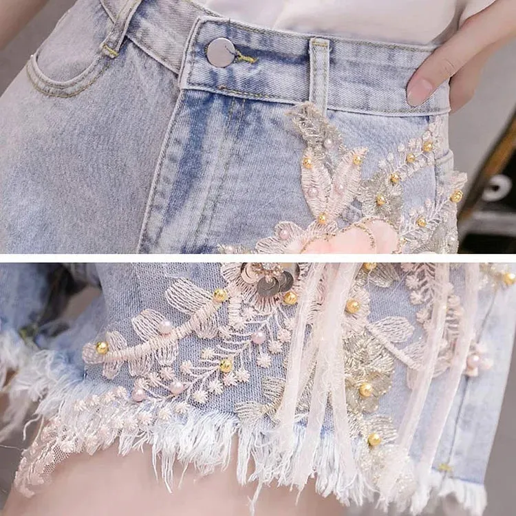 Blossom Flowers Embroidery High Waist Denim Shorts