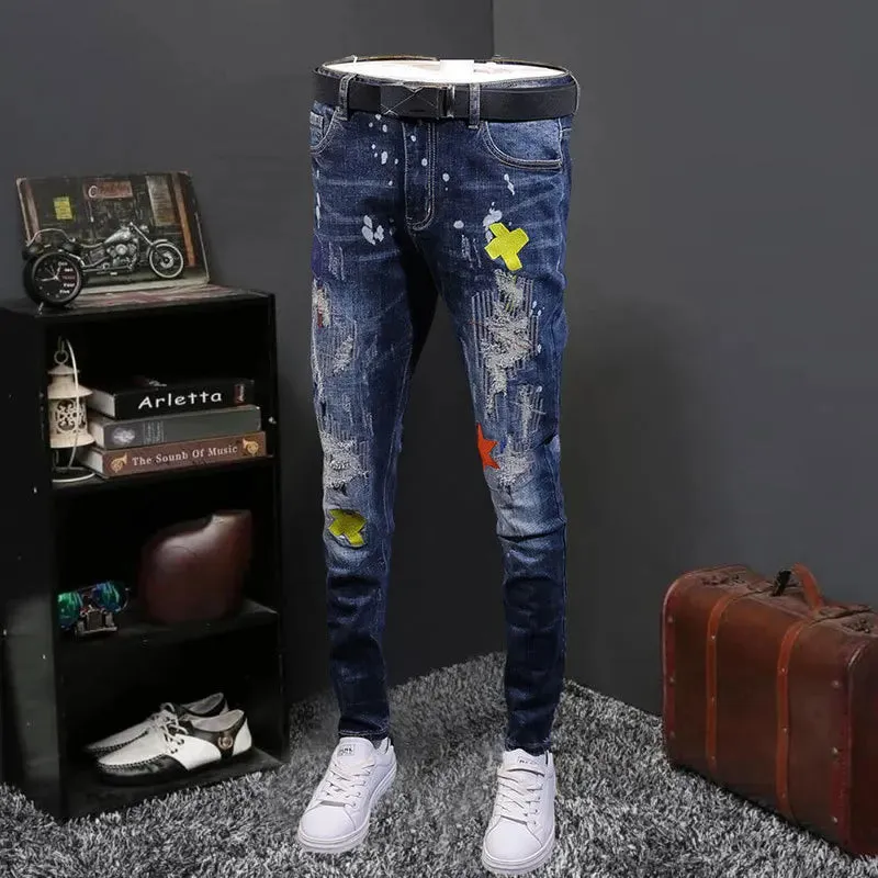 Blue Ripped Patchwork Slim Fit Jeans