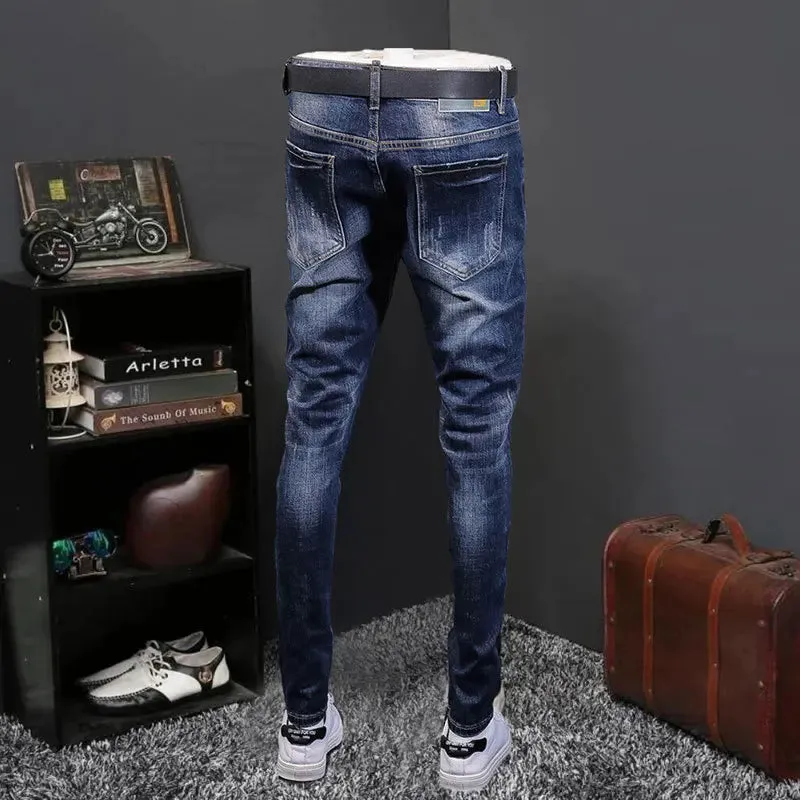 Blue Ripped Patchwork Slim Fit Jeans