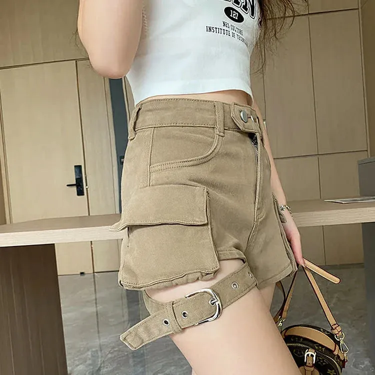 Chic High Waist Cargo Pockets Denim Shorts