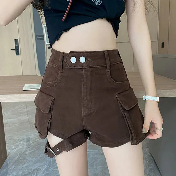 Chic High Waist Cargo Pockets Denim Shorts