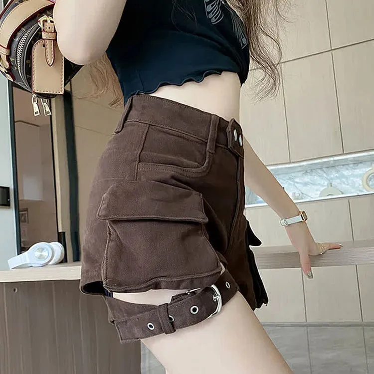 Chic High Waist Cargo Pockets Denim Shorts