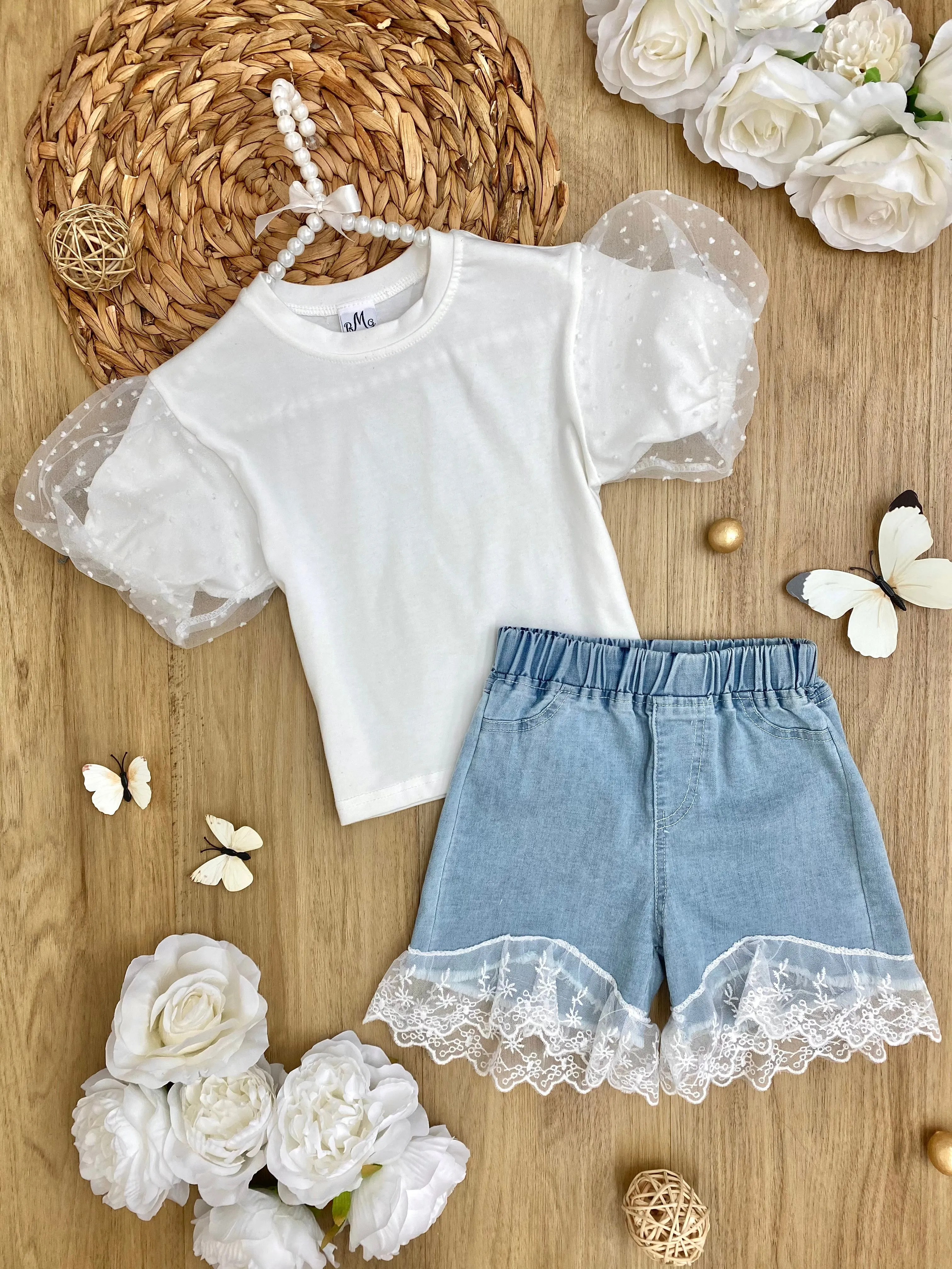 Delicate Details Lace Top and Denim Short Set