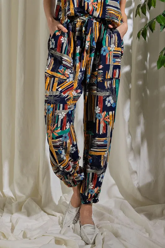 Easel Artist Tropical Print Lounge Lightweight Joggers - Navy