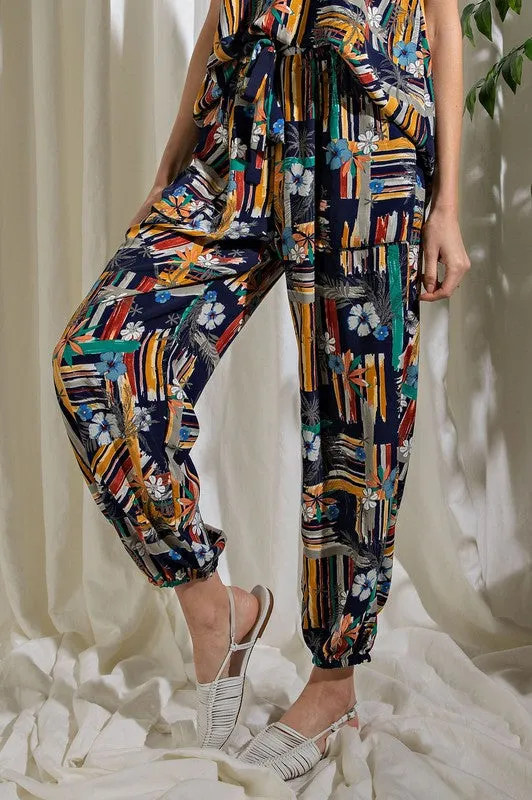 Easel Artist Tropical Print Lounge Lightweight Joggers - Navy