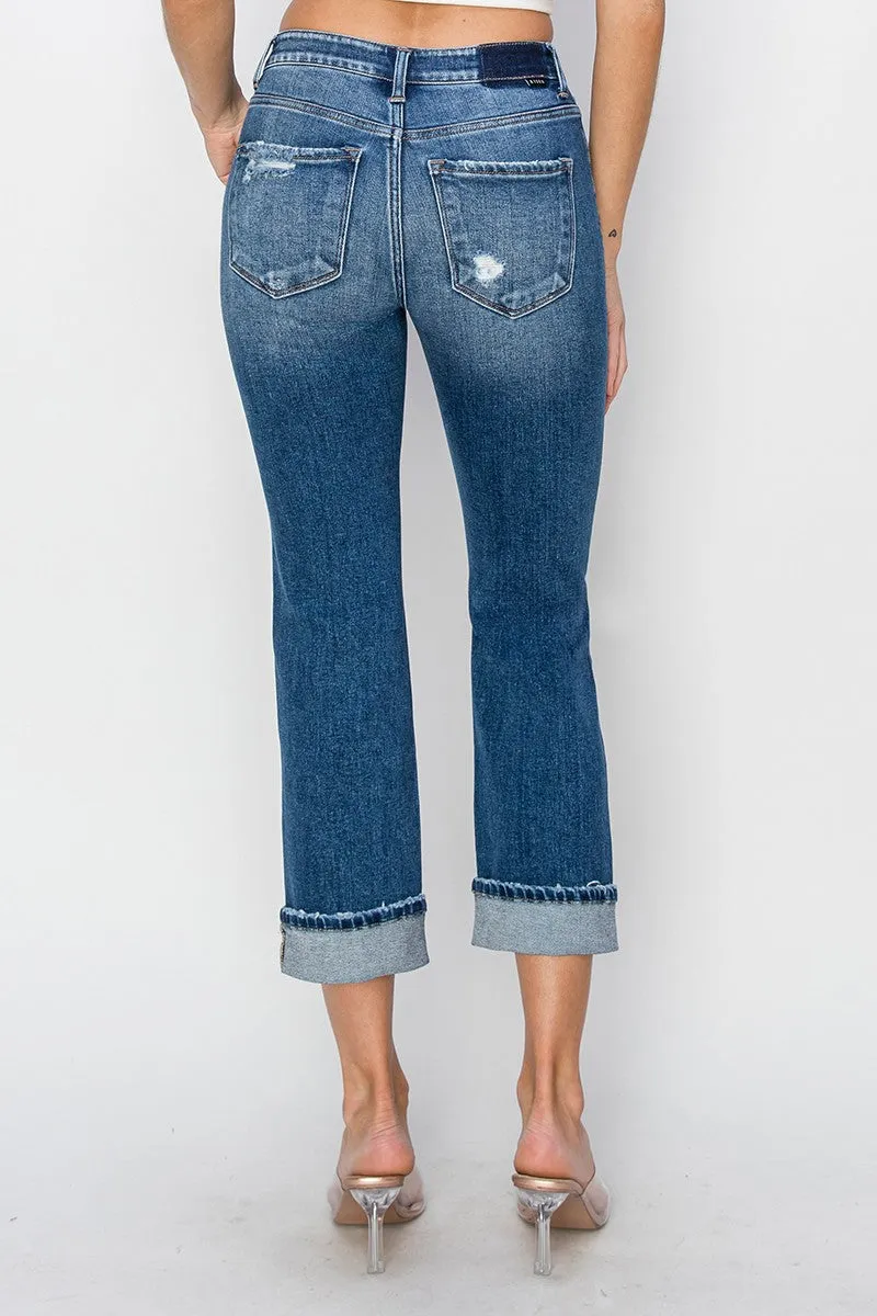 Full Size Cuffed Ankle Distressed Straight Jeans