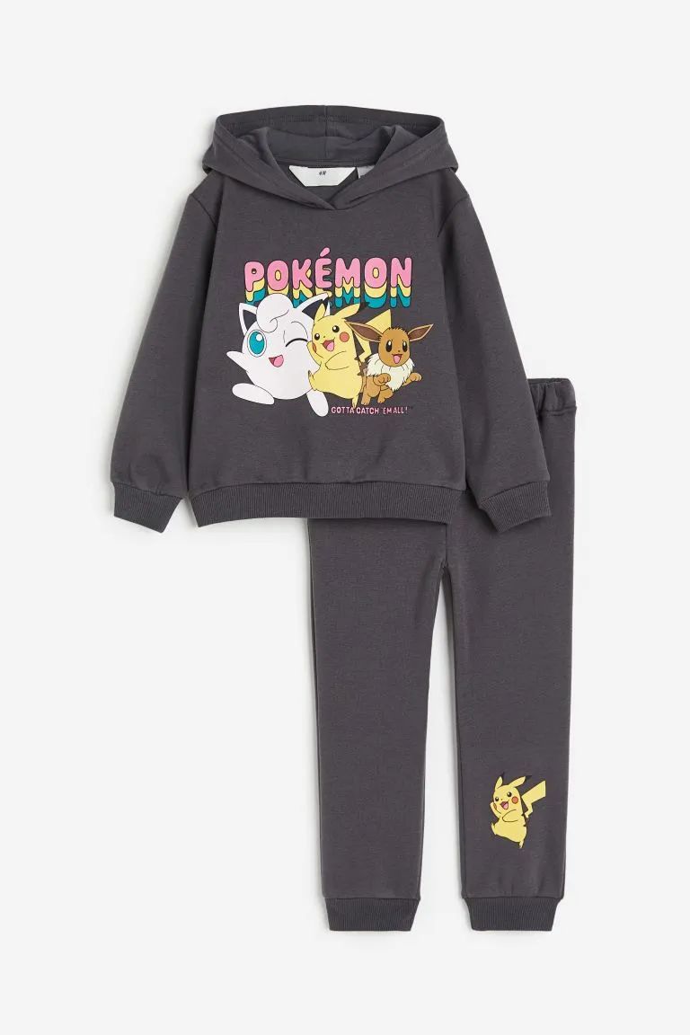 H&M x Pokémon Printed Sweatshirt 2-Piece Set, Dark Gray