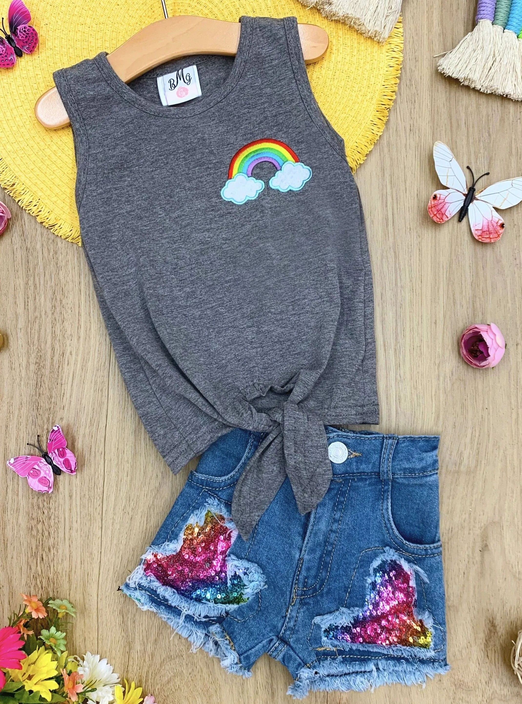 Hello Rainbow Sequin Denim Shorts Set