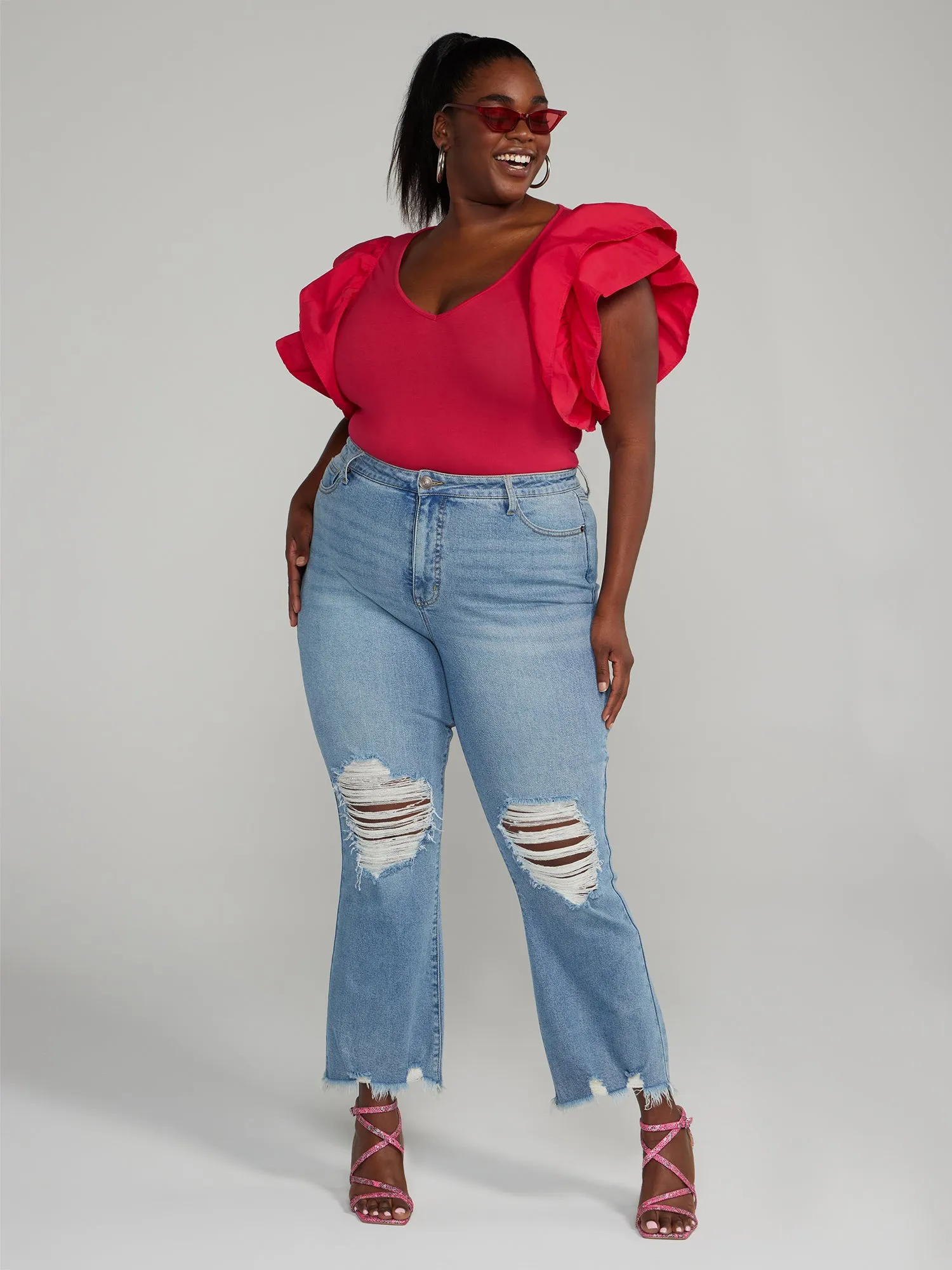 High Rise Destructed Flare Jeans