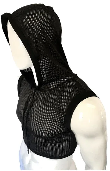 Hooded Crop Tank - Black Sports Mesh