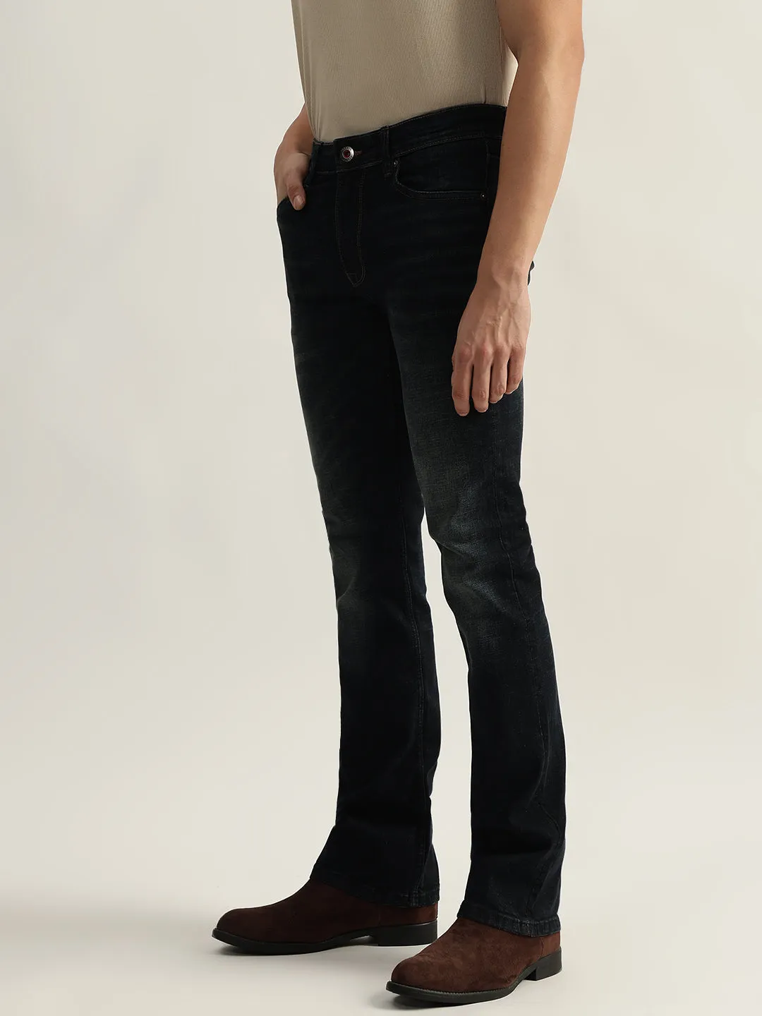 Iconic Men Blue Solid Boot Cut Mid-Rise Jeans