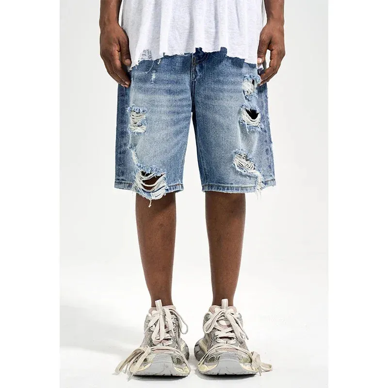 Men's Ripped Denim Shorts Frayed Vintage Casual Loose Jean Shorts Street Wear