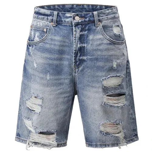 Men's Ripped Denim Shorts Frayed Vintage Casual Loose Jean Shorts Street Wear