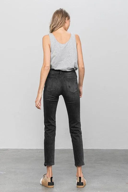 Mid Rise Ankle Black Straight Jeans