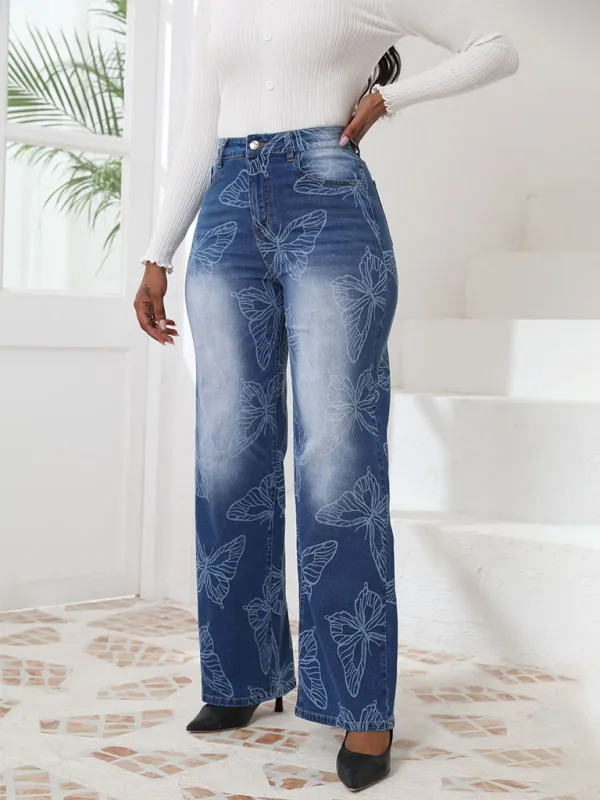 New Butterfly Printed High Waisted Straight Leg Denim Trousers