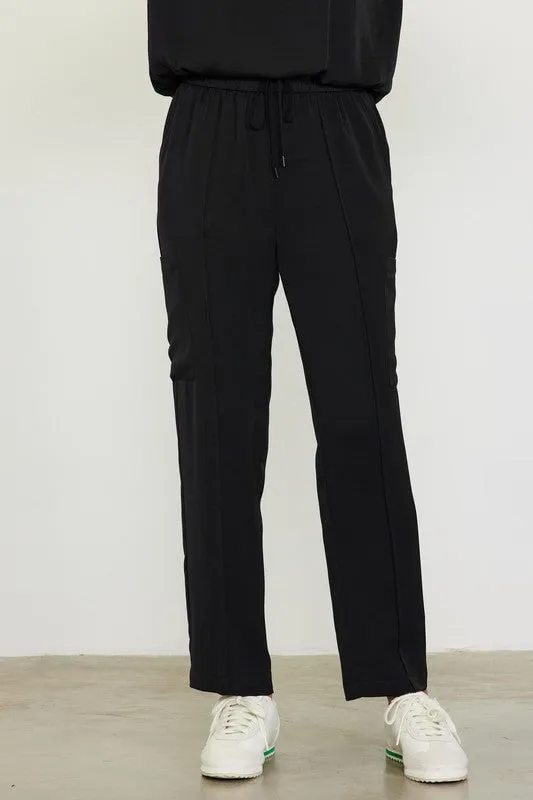 Pintucked Silky Cargo Style Straight Leg Jogger Pants