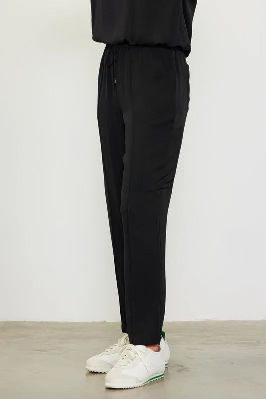 Pintucked Silky Cargo Style Straight Leg Jogger Pants