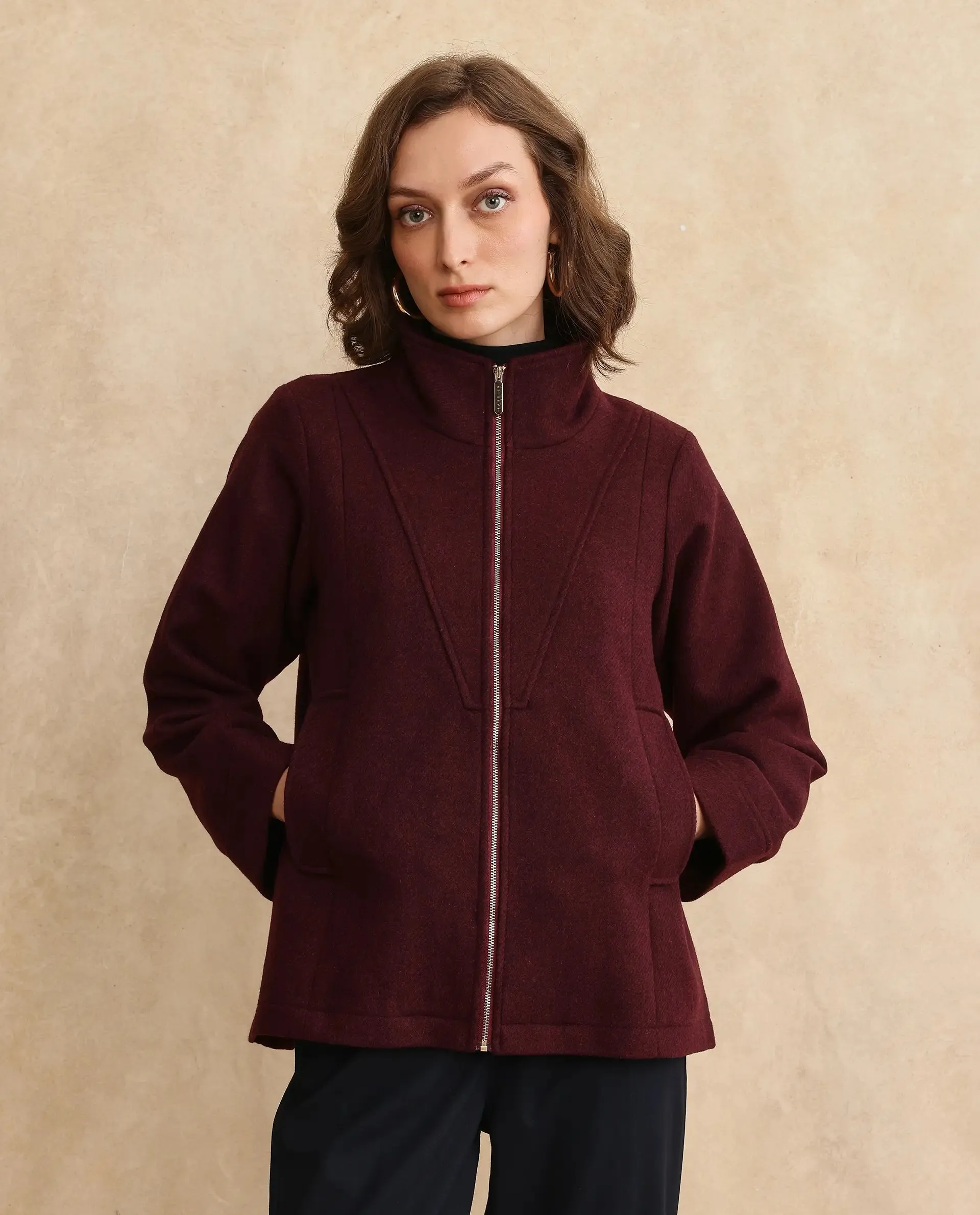 Rareism Women Whyla Dark Maroon Raglan Sleeves Stand Collar Zipper Closure Boxy Fit Plain Jacket