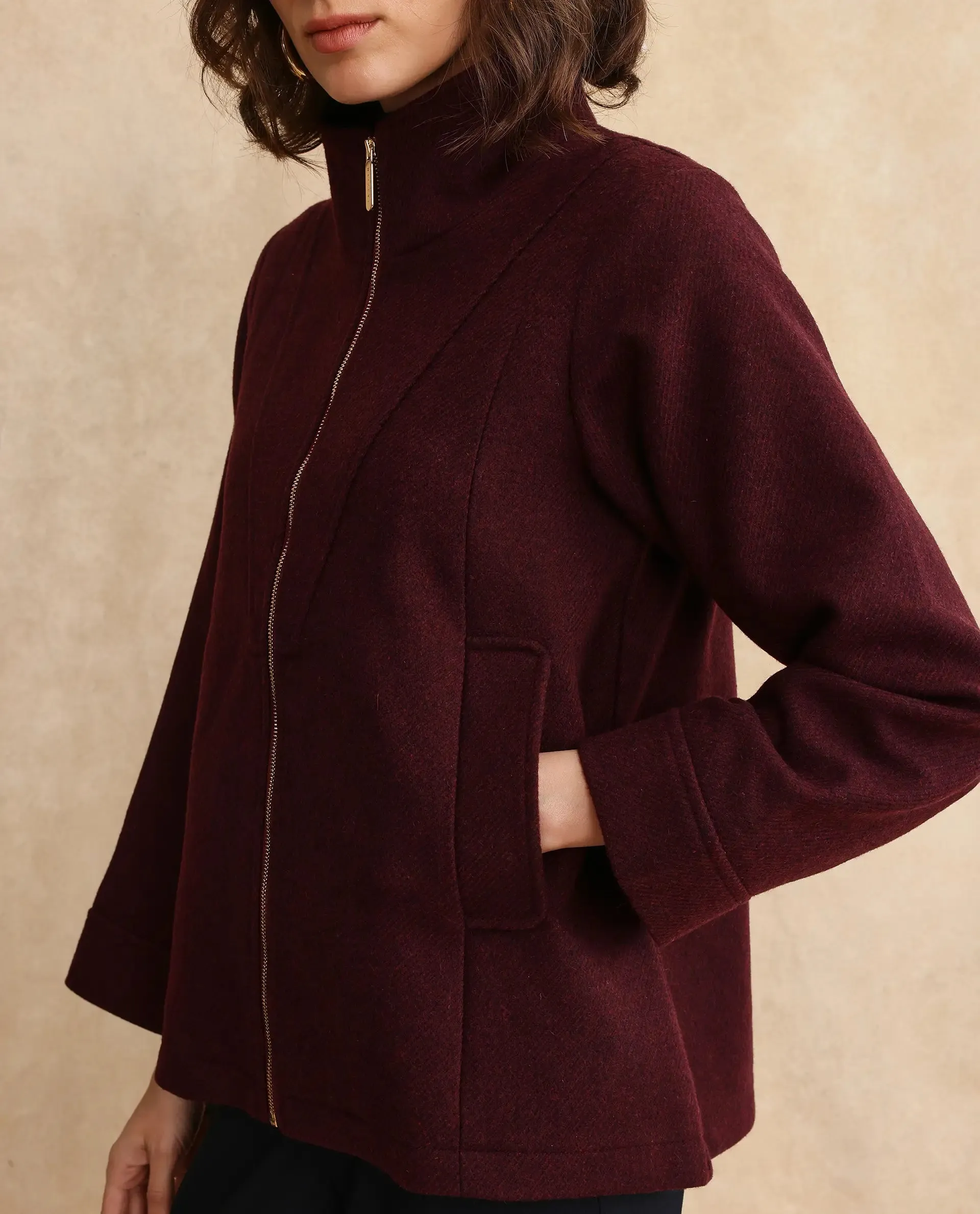 Rareism Women Whyla Dark Maroon Raglan Sleeves Stand Collar Zipper Closure Boxy Fit Plain Jacket