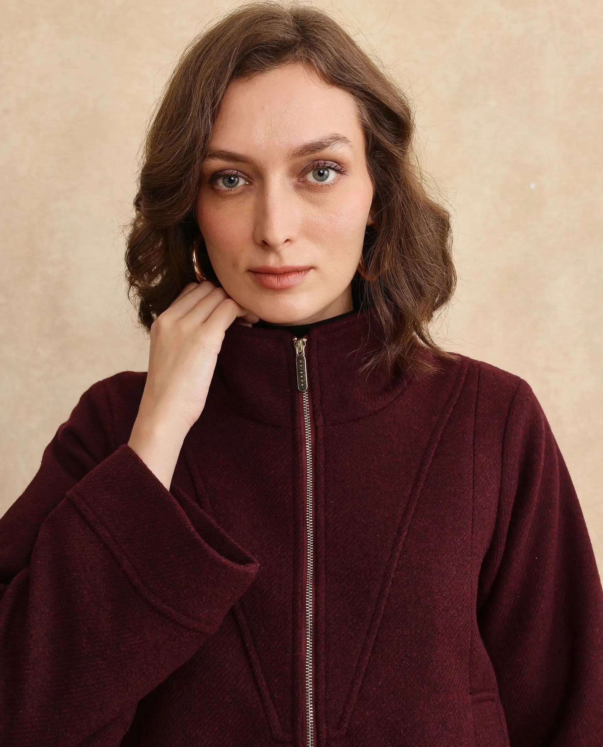 Rareism Women Whyla Dark Maroon Raglan Sleeves Stand Collar Zipper Closure Boxy Fit Plain Jacket