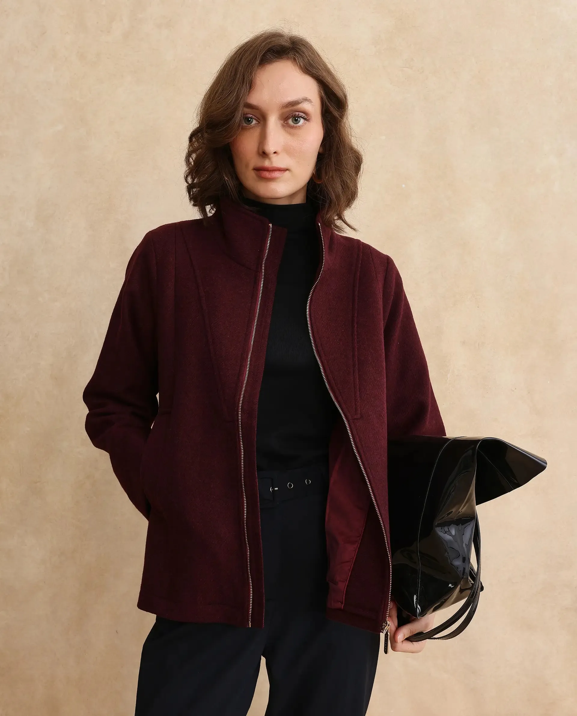 Rareism Women Whyla Dark Maroon Raglan Sleeves Stand Collar Zipper Closure Boxy Fit Plain Jacket