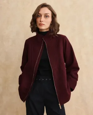 Rareism Women Whyla Dark Maroon Raglan Sleeves Stand Collar Zipper Closure Boxy Fit Plain Jacket