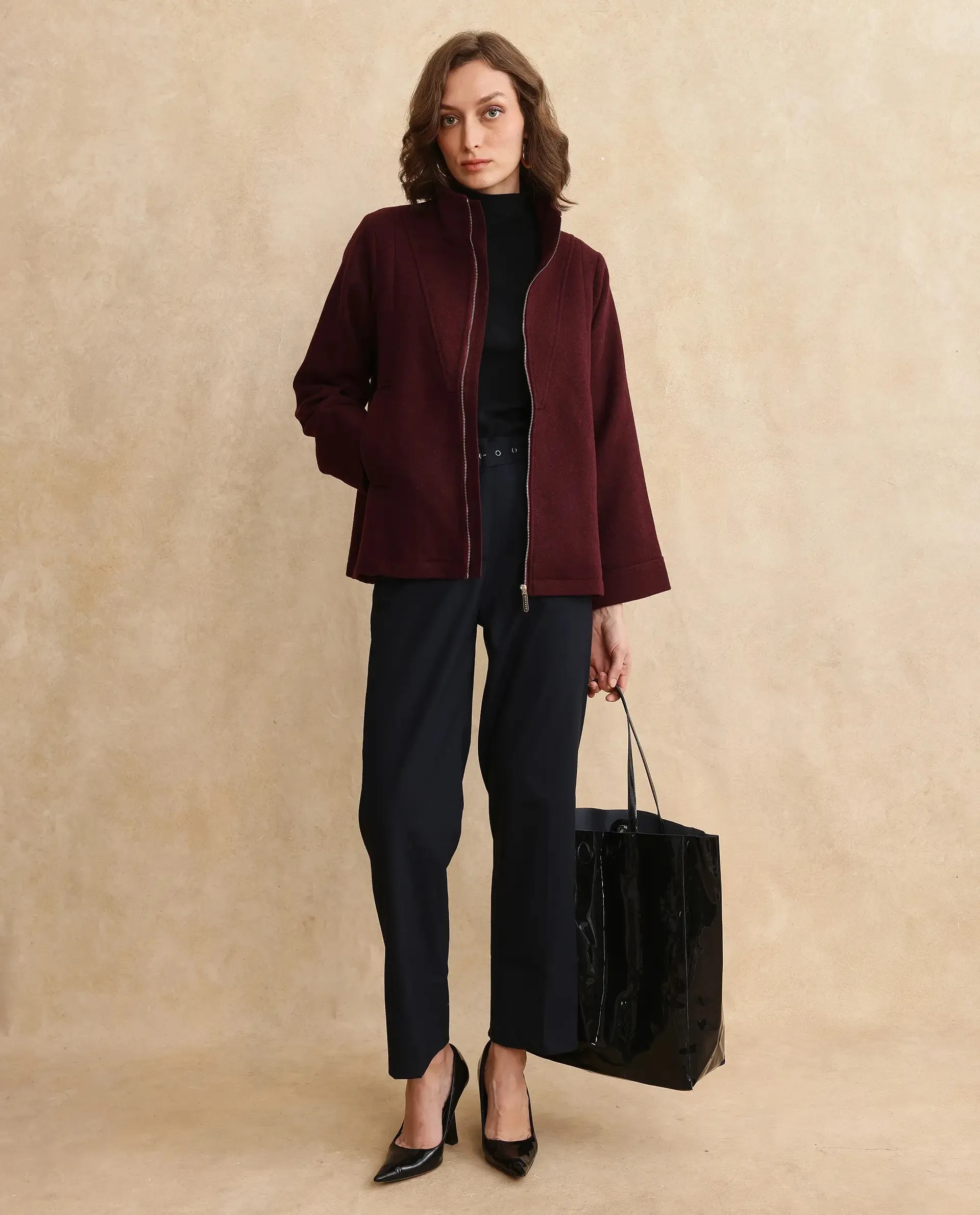 Rareism Women Whyla Dark Maroon Raglan Sleeves Stand Collar Zipper Closure Boxy Fit Plain Jacket