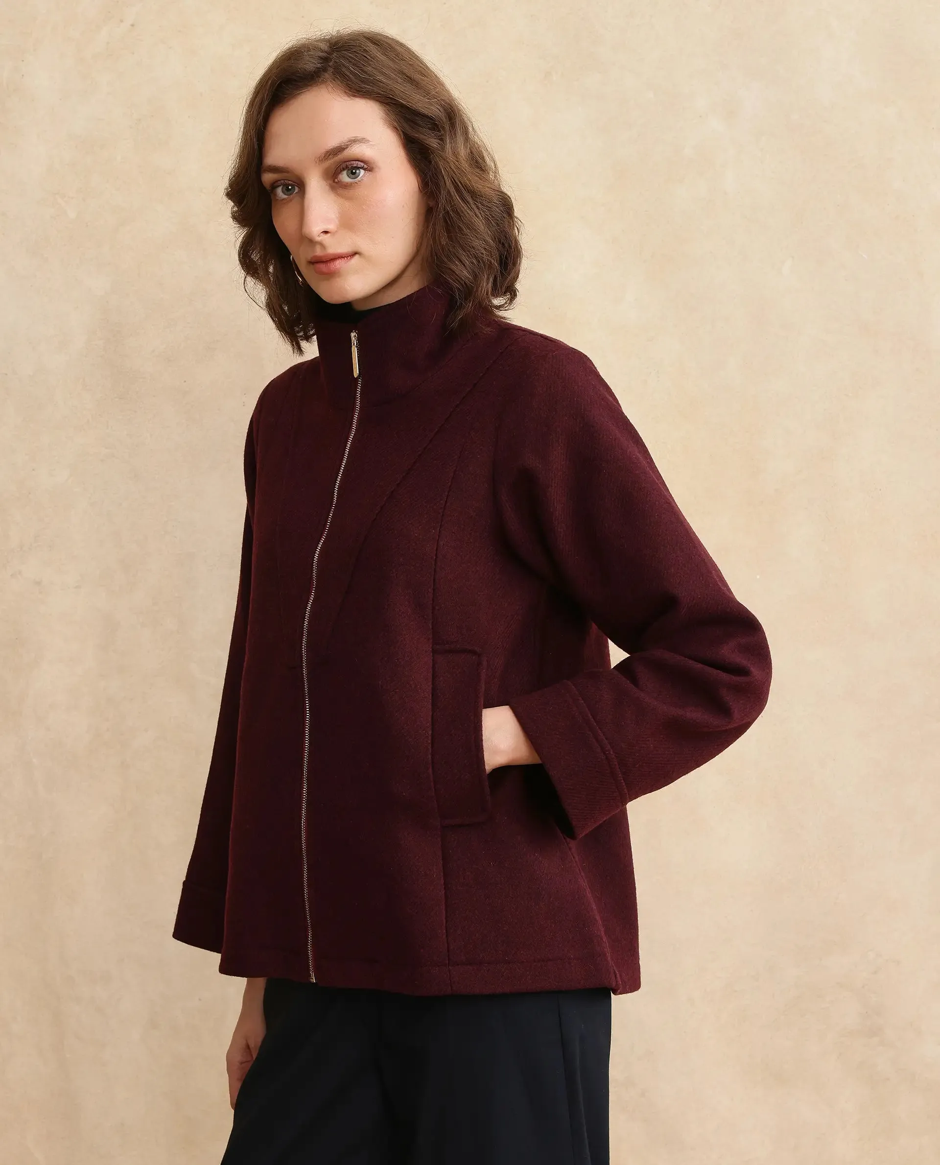 Rareism Women Whyla Dark Maroon Raglan Sleeves Stand Collar Zipper Closure Boxy Fit Plain Jacket