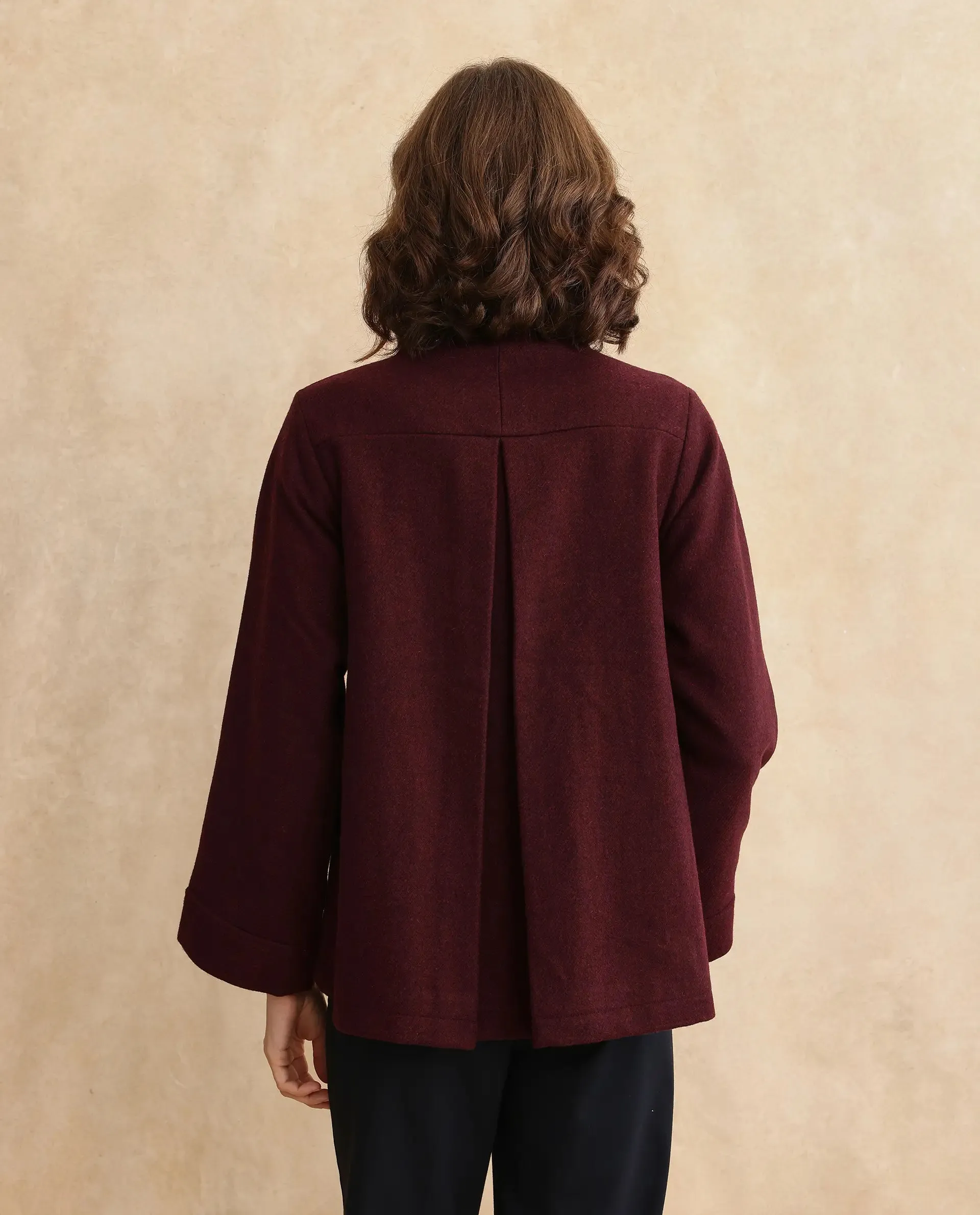 Rareism Women Whyla Dark Maroon Raglan Sleeves Stand Collar Zipper Closure Boxy Fit Plain Jacket