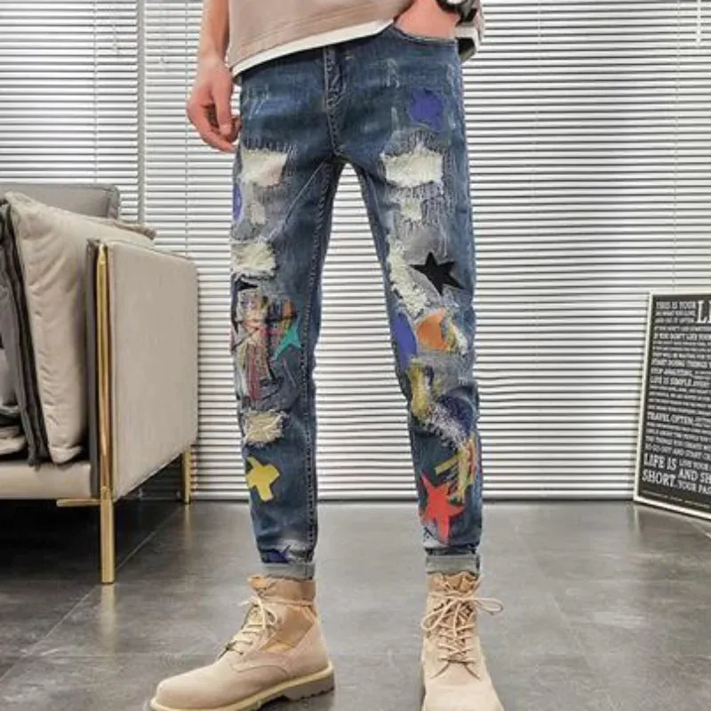 Ripped-Patchwork Slim Fit Jeans