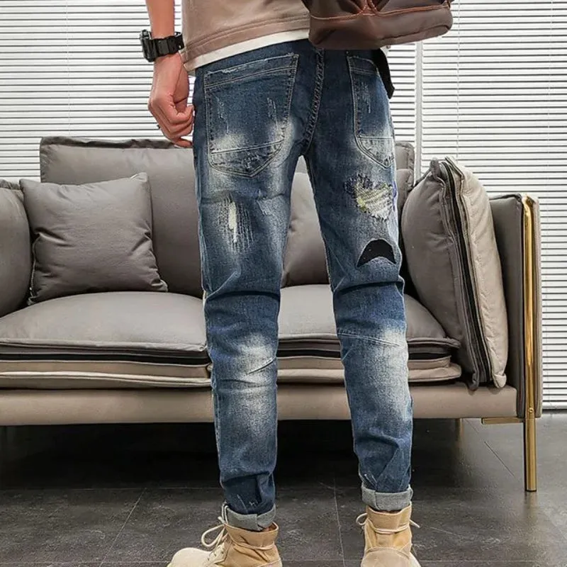 Ripped-Patchwork Slim Fit Jeans