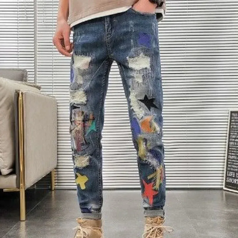 Ripped-Patchwork Slim Fit Jeans