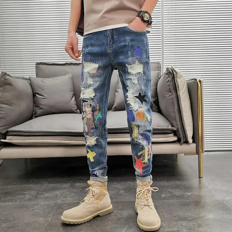 Ripped-Patchwork Slim Fit Jeans