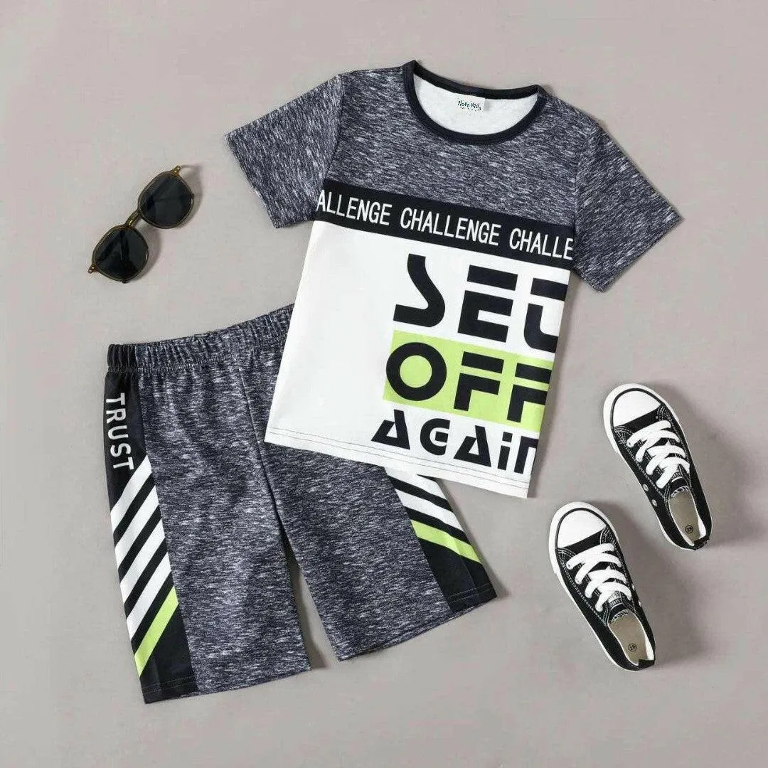 Sporty Letter Print Tee & Shorts Set - Kid Boy (2pcs)