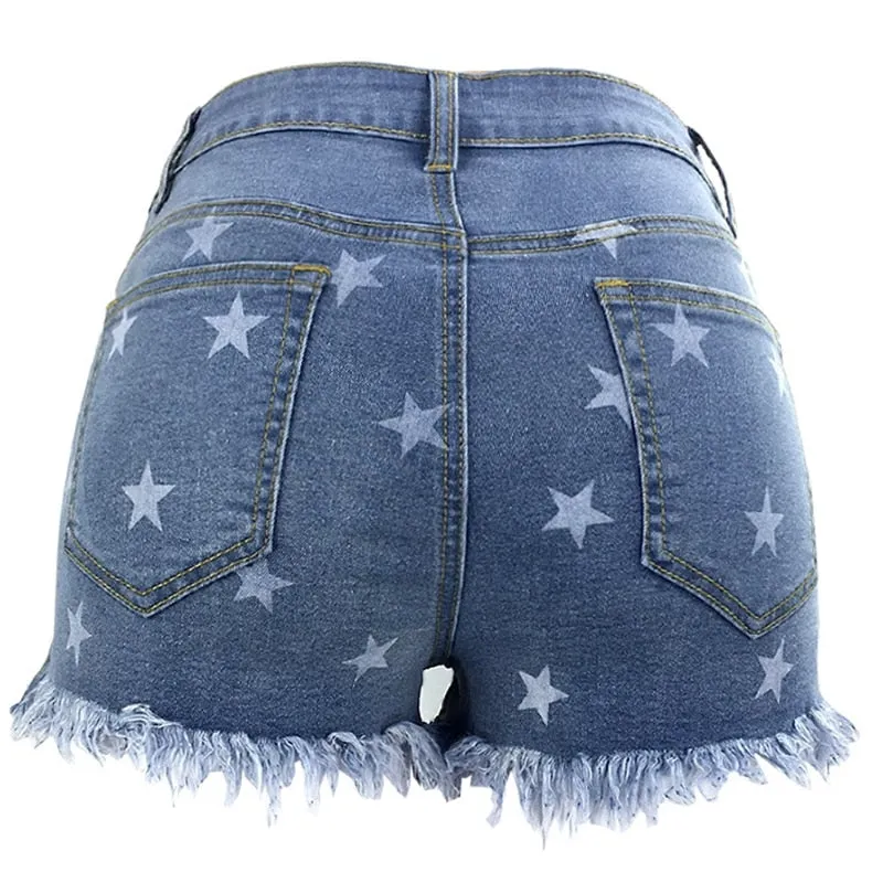 Summer Print tassel High Waist Hole Ripped Shorts Casual Plus Size Denim Shorts