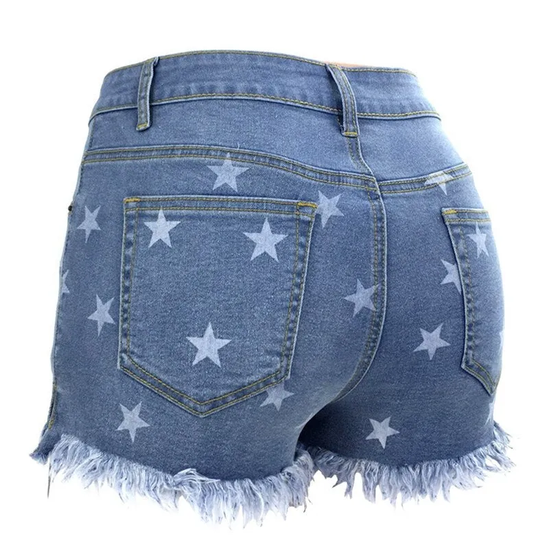 Summer Print tassel High Waist Hole Ripped Shorts Casual Plus Size Denim Shorts