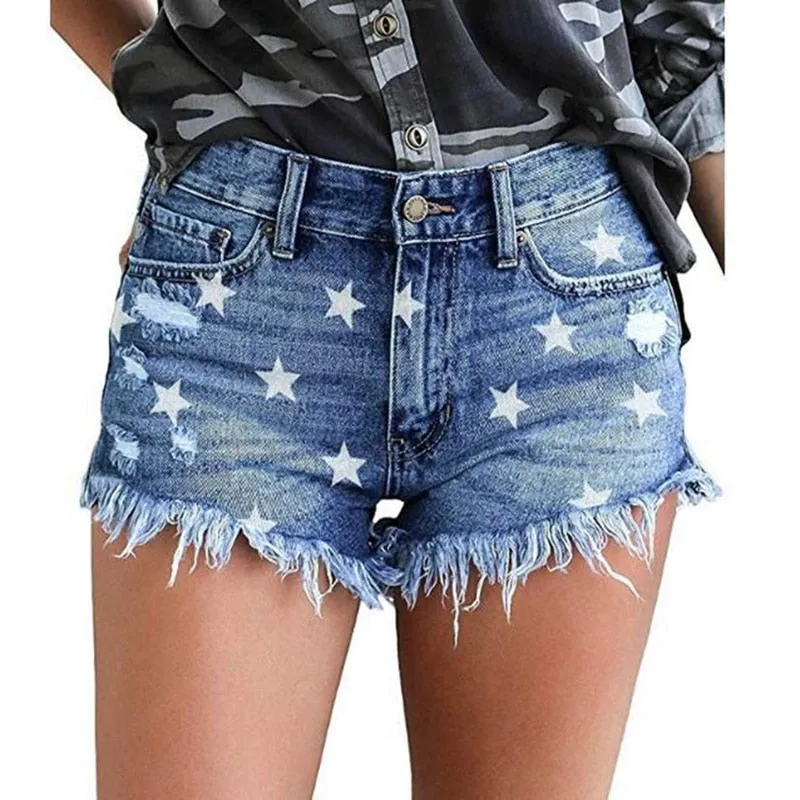 Summer Print tassel High Waist Hole Ripped Shorts Casual Plus Size Denim Shorts