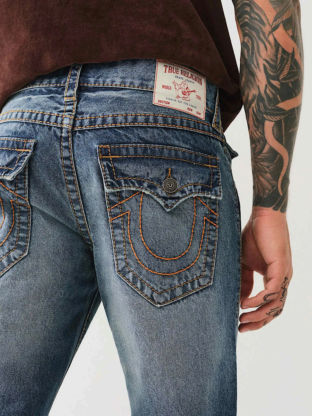 True Religion Men Blue Washed Boot Cut Mid-Rise Jeans