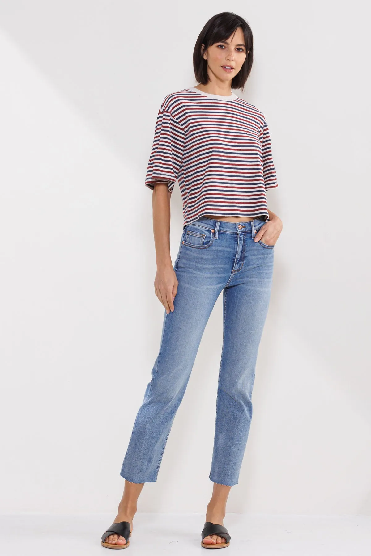 VINTAGE MID RISE SLIM STRAIGHT JEANS WITH RAW HEM / SP-P12395