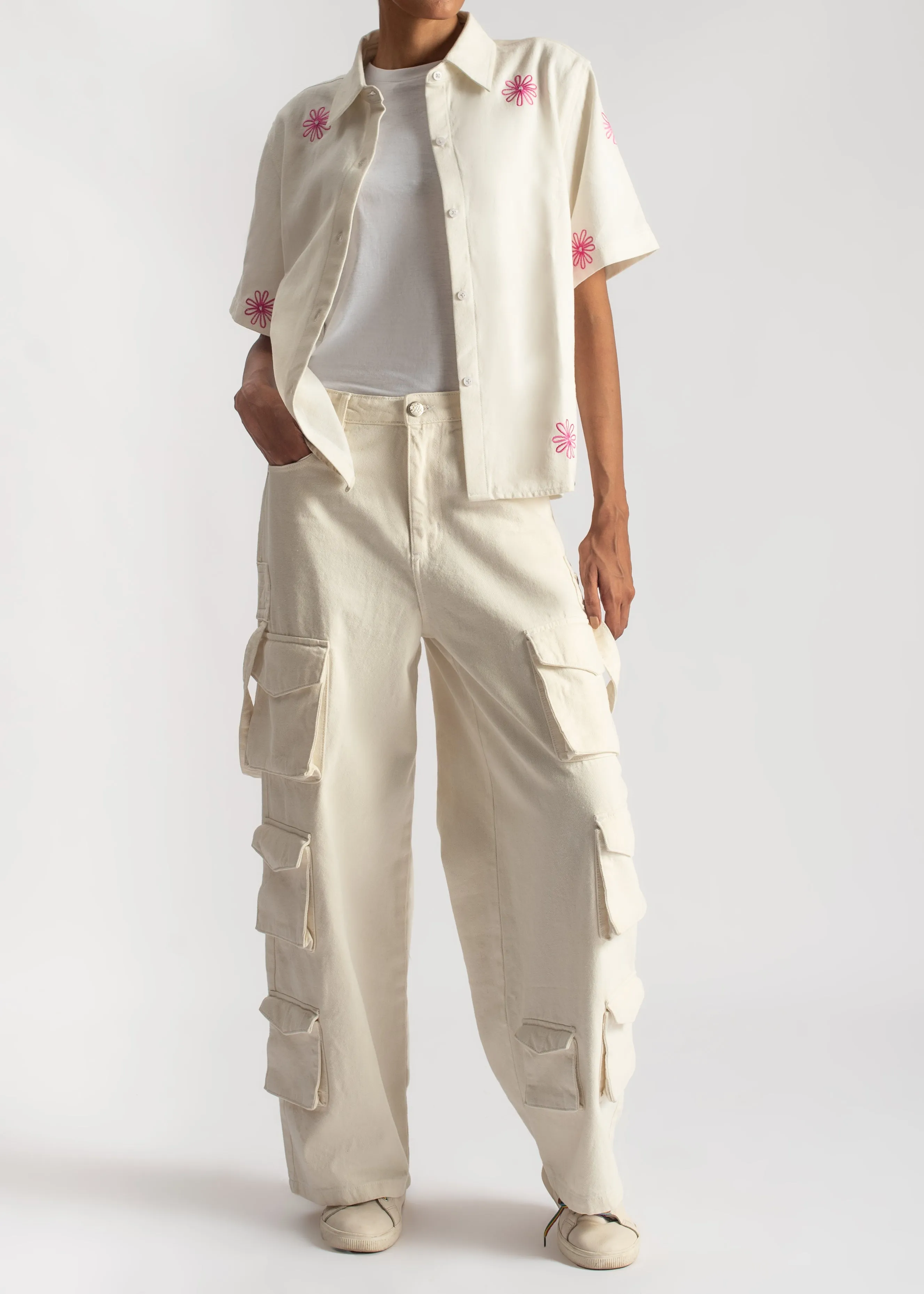 White Multi Pocket Cargo Jeans-Women