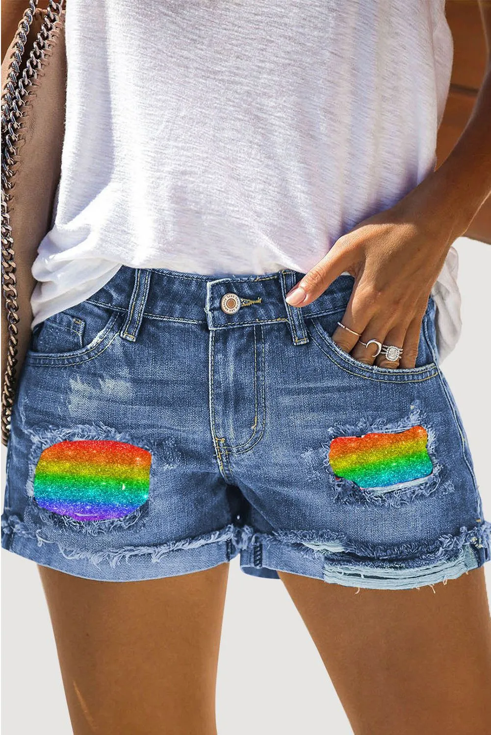 Women's High Waisted Jean Shorts Pride Rainbow Striped Print Denim Shorts